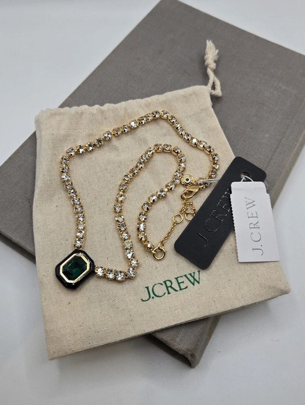 J. Crew Cupchain gemstone pendant Necklace Emerald tone Gold tone CZ Crystals